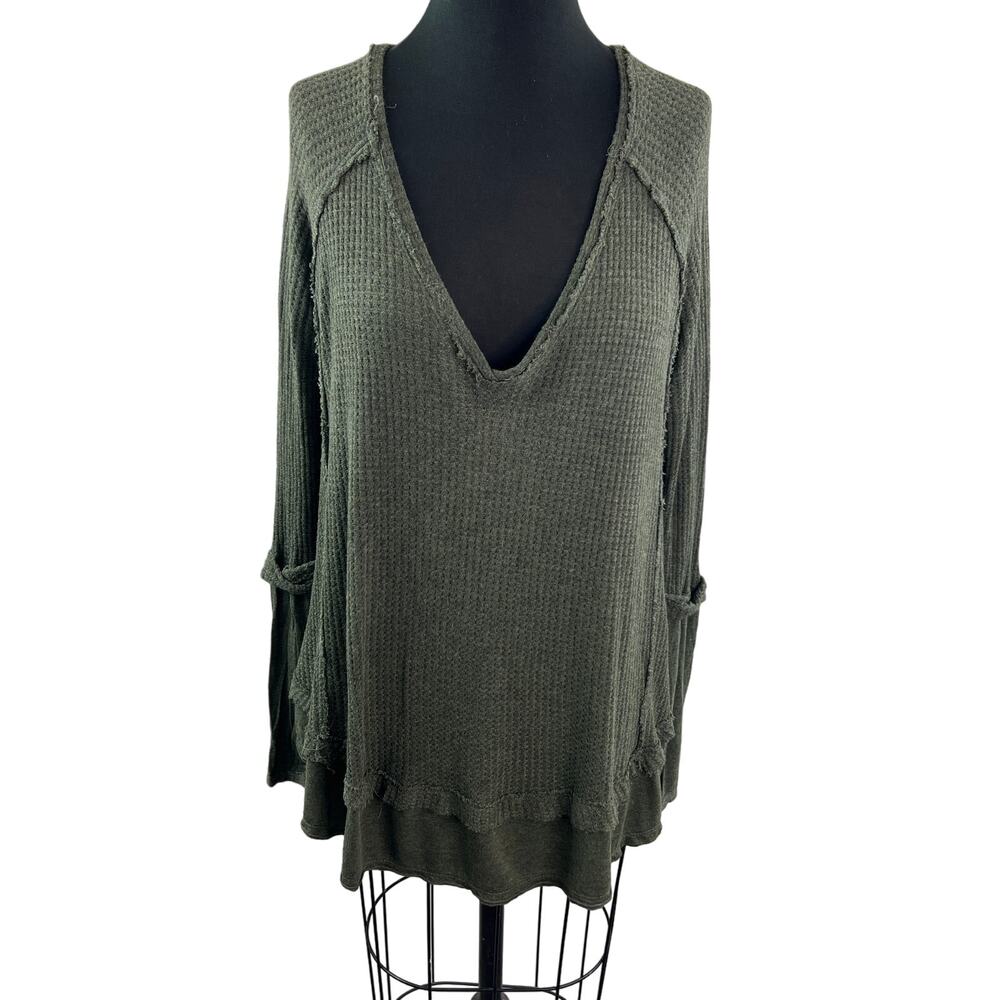 We The Free People Laguna Green Top Waffle Deep Neck Raglan Sleeve Size Small S